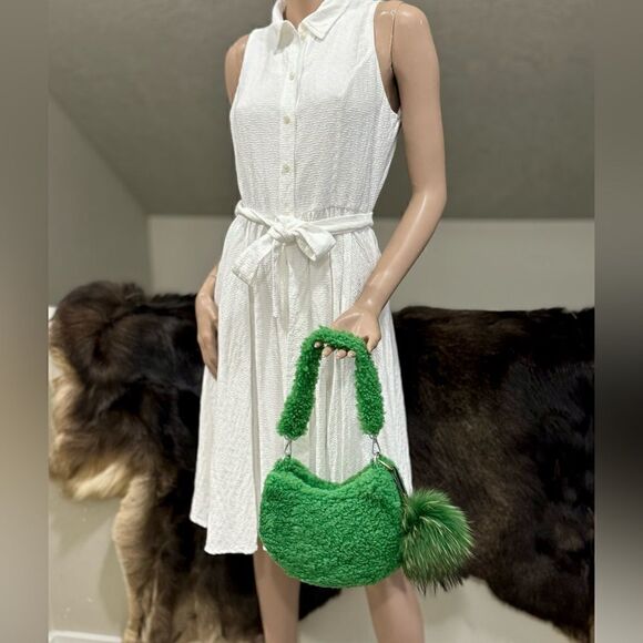 Handmade Genuine Shearling Shoulder Bag/Crossbody & Fox Fur Ball Bag Charm - Picture 4 of 15